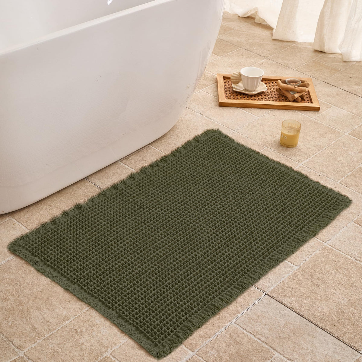 Waffle Bath Mat Non Slip, Boho Bathroom Rug, White/Taupe, 16"x24"