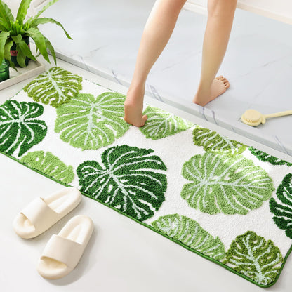 Panstar Large Monstera Leaf Bath Mat, Non Slip Green Plant Bathroom Rug, Absorbent Cute Palm Shaped Bathtub Rug Bathroom Plush Shower Rugs (32"X26")