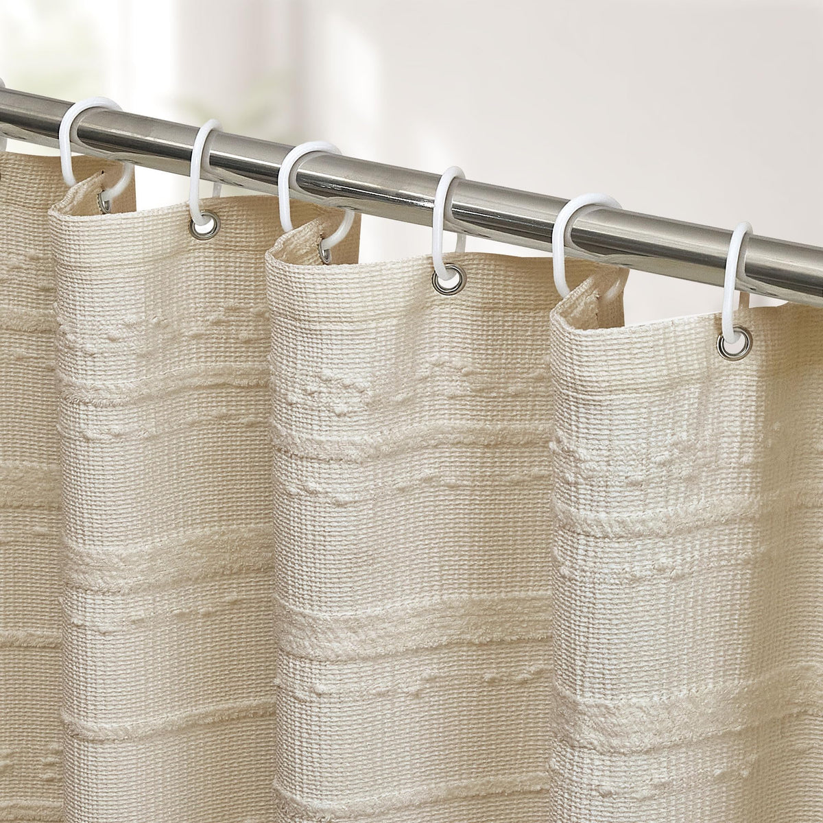 Extra Long White Shower Curtain Boho, 72 x 84 Cotton Blend Waffle Weave Stripe Textured Heavy Duty, Fabric Shower Curtain for Bathroom, Hotel, Washable