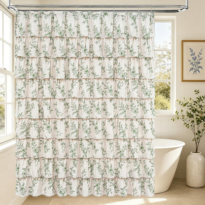 Farmhouse Floral Shower Curtain, Ruffle Bathroom Curtains, 72"Wx72"L