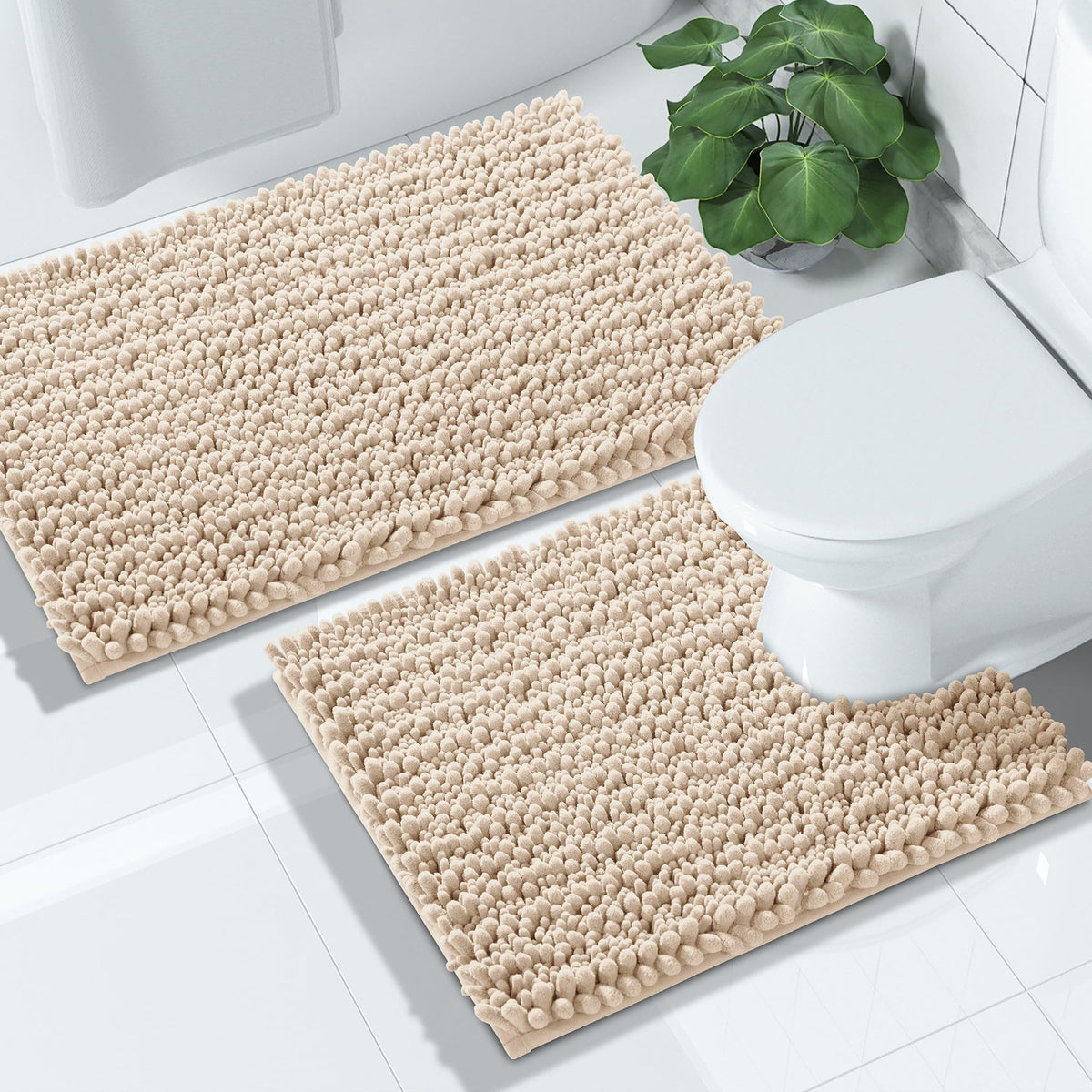 Yimobra Bathroom Rugs Sets 2 Piece - Quick Dry Extra Thick Luxury Chenille Bath Mat, Non Slip Super Absorbent for Tub Shower Sink, Machine Washable Shaggy Floor Mat, 32"x20"+24"x17" Inch, Pale Khaki