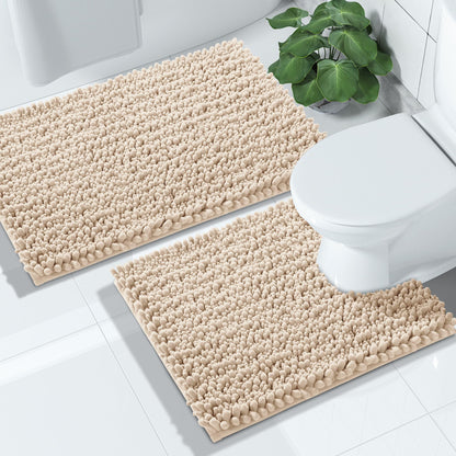 Yimobra Bathroom Rugs Sets 2 Piece - Quick Dry Extra Thick Luxury Chenille Bath Mat, Non Slip Super Absorbent for Tub Shower Sink, Machine Washable Shaggy Floor Mat, 32"x20"+24"x17" Inch, Pale Khaki