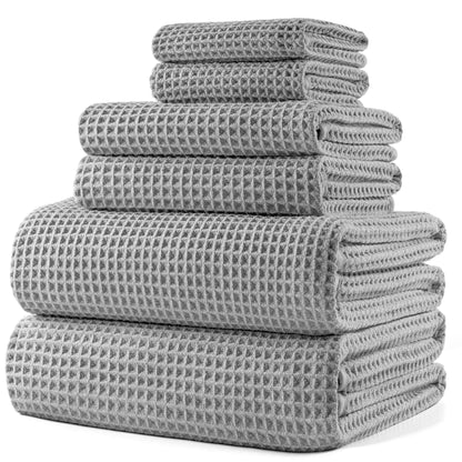 POLYTE 430 GSM Poly Blend Microfiber Quick Dry Waffle Bath Towel Set of 6