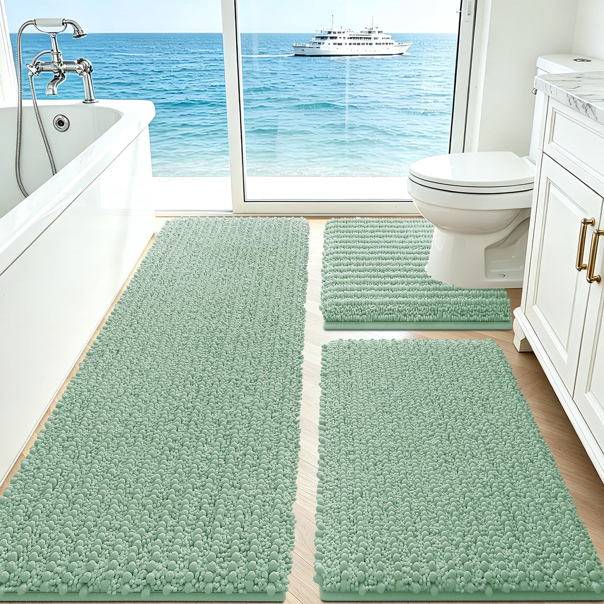 ACCUMTEK Upgrade Extra Large Black Bathroom Rug Set 3 Pieces Ultra Soft, Thick Absorbent Bath Mats, Non Slip Chenille Toilet Mat for Bathroom, Bedroom, Kitchen