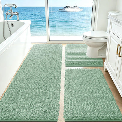 ACCUMTEK Upgrade Extra Large Black Bathroom Rug Set 3 Pieces Ultra Soft, Thick Absorbent Bath Mats, Non Slip Chenille Toilet Mat for Bathroom, Bedroom, Kitchen