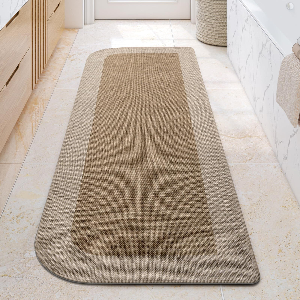 YDKGL Half Circle Bath Mat, Non Slip Thin Bathroom Rugs, Brown 16x24