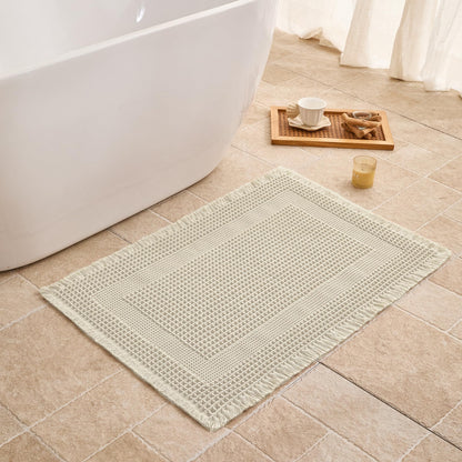 Waffle Bath Mat Non Slip, Boho Bathroom Rug, White/Taupe, 16"x24"