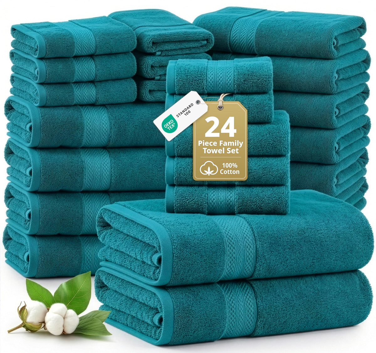 LANE LINEN 100% Cotton Bath Towels Set - 24 PCs - Durable, Quick Dry, Super Soft & Highly Absorbent - 4 Bath, 4 Fingertip, 6 Hand Towels, 8 Washcloths, 2 Bath Sheets - Perfect Family Set - Cool Grey