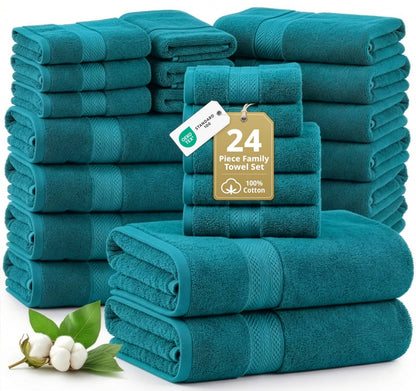 LANE LINEN 100% Cotton Bath Towels Set - 24 PCs - Durable, Quick Dry, Super Soft & Highly Absorbent - 4 Bath, 4 Fingertip, 6 Hand Towels, 8 Washcloths, 2 Bath Sheets - Perfect Family Set - Cool Grey
