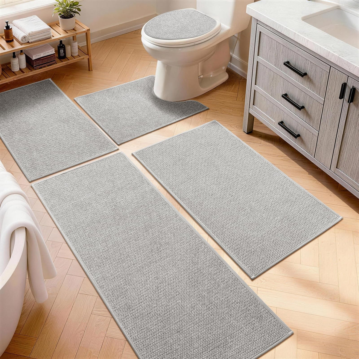 YIHOUSE Gray Bathroom Rugs Sets 3 Piece, Quick Dry Thin Bath Mat with Toilet Rug, Non Slip Absorbent Machine Washable, Bath Runner Rugs for Bathtub Sink Home Decor
