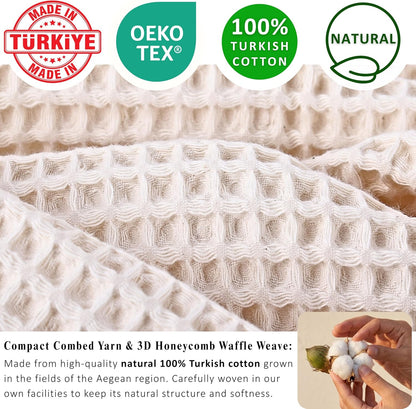 PÜSKÜL Natural 100% Turkish Cotton Waffle Hand and Kitchen Towels Set of 3