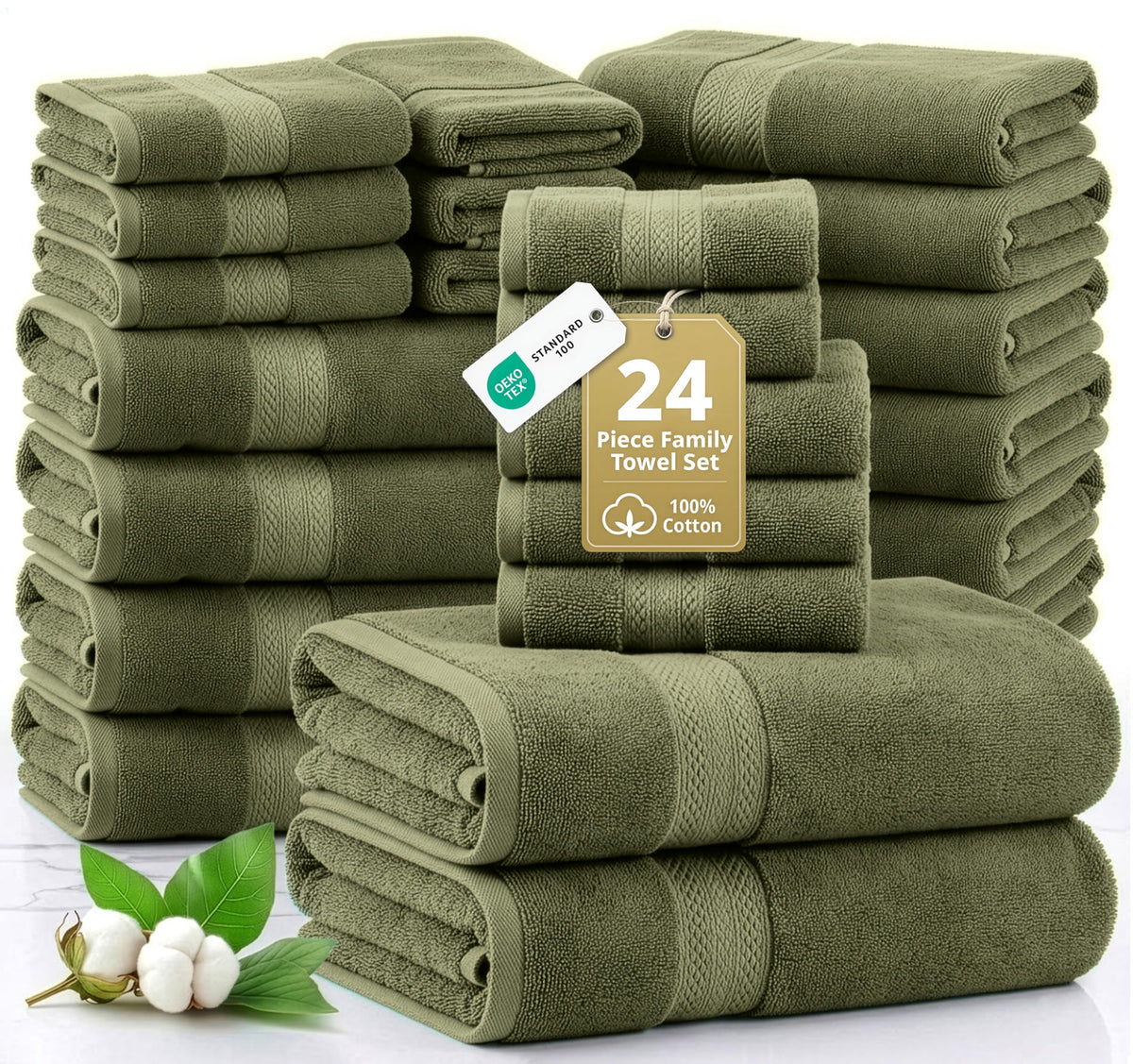 LANE LINEN 100% Cotton Bath Towels Set - 24 PCs - Durable, Quick Dry, Super Soft & Highly Absorbent - 4 Bath, 4 Fingertip, 6 Hand Towels, 8 Washcloths, 2 Bath Sheets - Perfect Family Set - Cool Grey