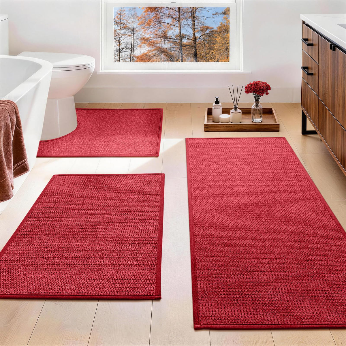 YIHOUSE Gray Bathroom Rugs Sets 3 Piece, Quick Dry Thin Bath Mat with Toilet Rug, Non Slip Absorbent Machine Washable, Bath Runner Rugs for Bathtub Sink Home Decor