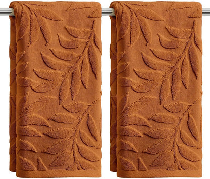 Artoid Mode 2 Pcs Caramel 3D Leaves Jacquard Hand Towels for Bathroom, 100% Cotton Soft Absorbent Bathroom Decor Towels, 13.7 x 29.5 Inch