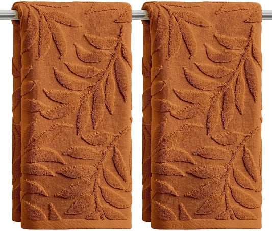 Artoid Mode 2 Pcs Caramel 3D Leaves Jacquard Hand Towels for Bathroom, 100% Cotton Soft Absorbent Bathroom Decor Towels, 13.7 x 29.5 Inch