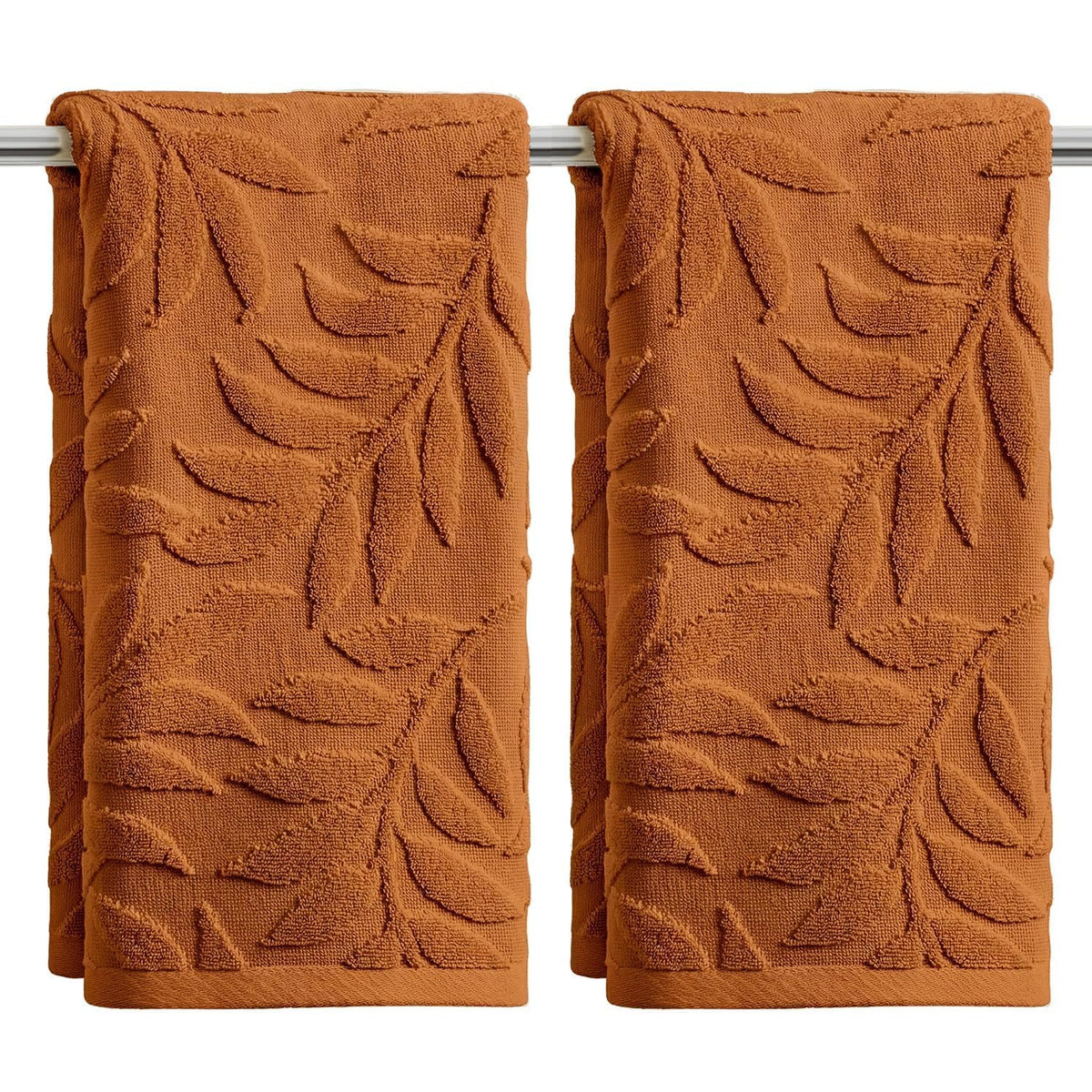 Artoid Mode 2 Pcs Caramel 3D Leaves Jacquard Hand Towels for Bathroom, 100% Cotton Soft Absorbent Bathroom Decor Towels, 13.7 x 29.5 Inch