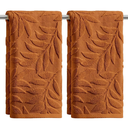 Artoid Mode 2 Pcs Caramel 3D Leaves Jacquard Hand Towels for Bathroom, 100% Cotton Soft Absorbent Bathroom Decor Towels, 13.7 x 29.5 Inch
