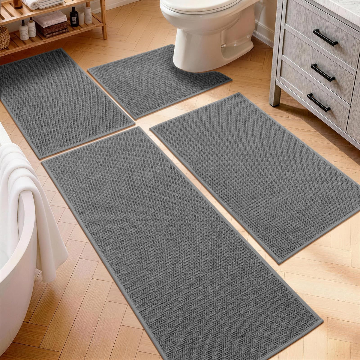 YIHOUSE Gray Bathroom Rugs Sets 3 Piece, Quick Dry Thin Bath Mat with Toilet Rug, Non Slip Absorbent Machine Washable, Bath Runner Rugs for Bathtub Sink Home Decor
