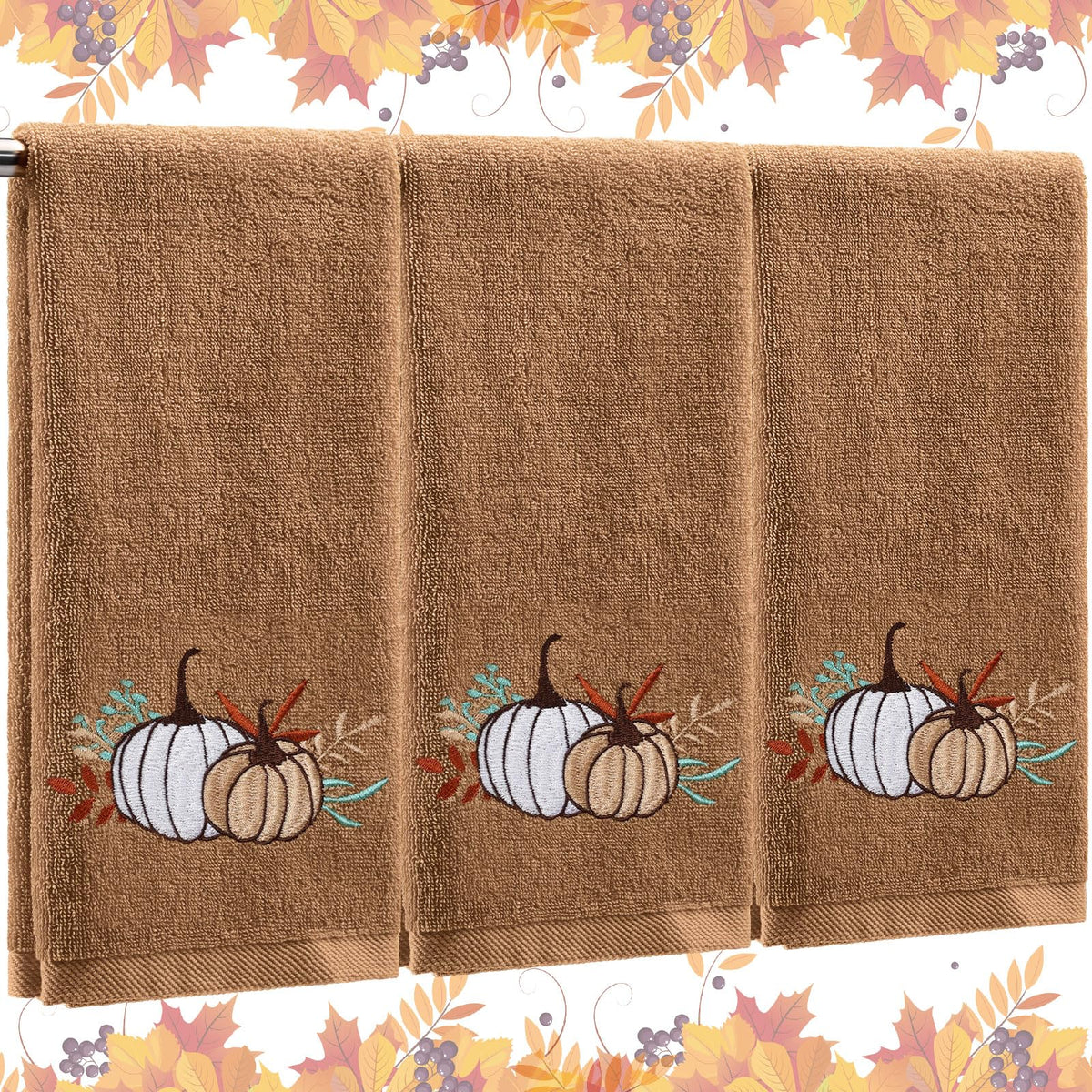 Fanfanwin 3 Pcs Fall Hand Towels for Bathroom 13.8 x 29.5 Inch Autumn Decorative Bath Towels Sets 100% Cotton Embroidered Pumpkin Maple Thanksgiving Bathroom Decor(Orange and Brown,Pumpkin)