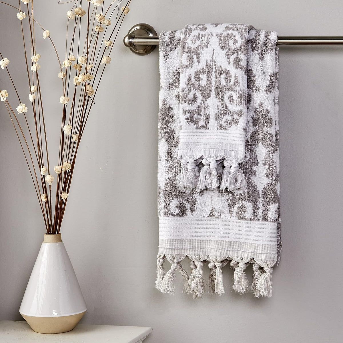 SKL Home Mirage Fringe Hand Towel Set-2pc, 100% Turkish Cotton, Taupe