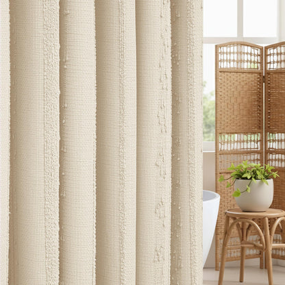 Extra Long White Shower Curtain Boho, 72 x 84 Cotton Blend Waffle Weave Stripe Textured Heavy Duty, Fabric Shower Curtain for Bathroom, Hotel, Washable