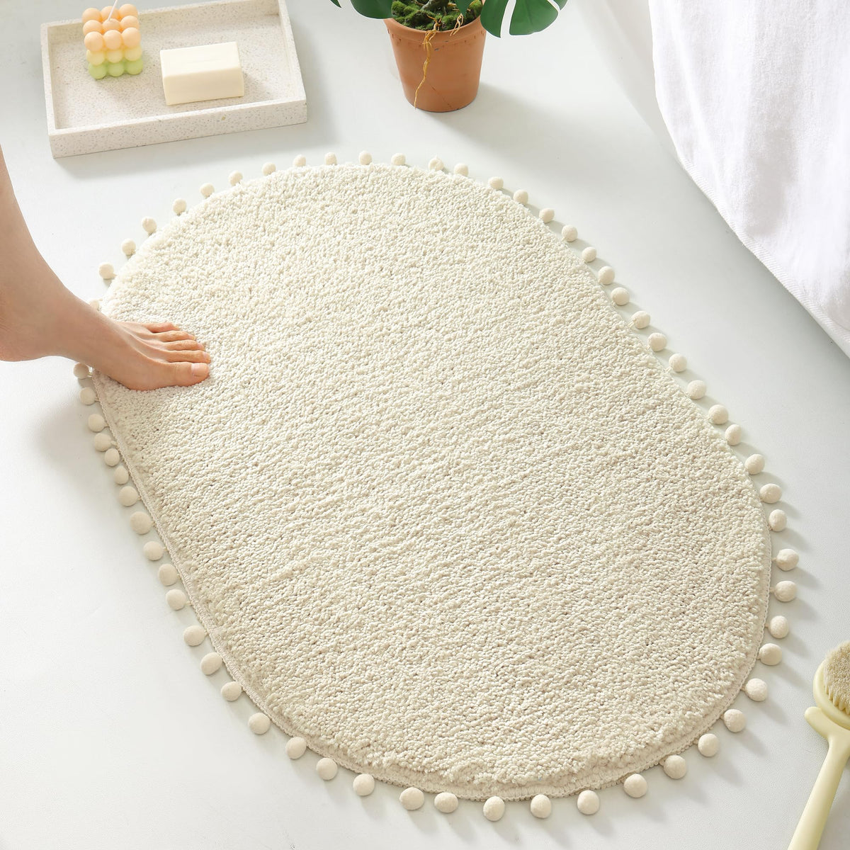 YIRDDEO Oval Rug for Bathroom, Cute Boho Bath Mat with Pom, Olive Green