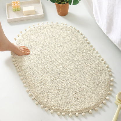 YIRDDEO Oval Rug for Bathroom, Cute Boho Bath Mat with Pom, Olive Green