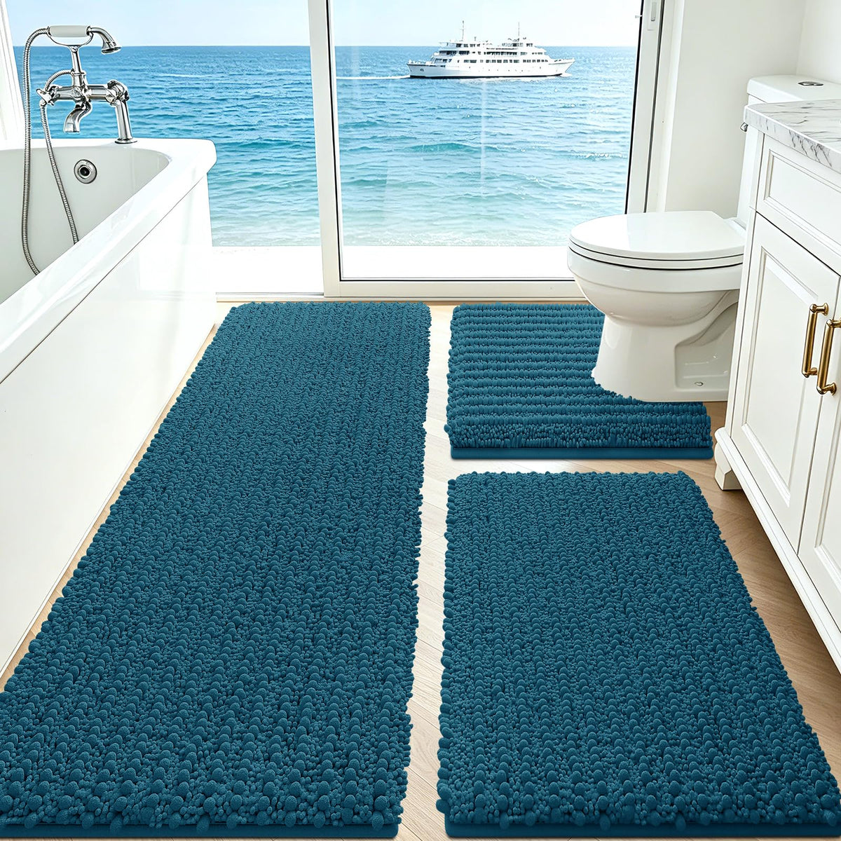 ACCUMTEK Upgrade Extra Large Black Bathroom Rug Set 3 Pieces Ultra Soft, Thick Absorbent Bath Mats, Non Slip Chenille Toilet Mat for Bathroom, Bedroom, Kitchen
