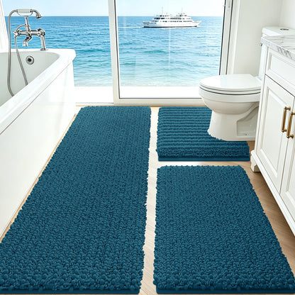 ACCUMTEK Upgrade Extra Large Black Bathroom Rug Set 3 Pieces Ultra Soft, Thick Absorbent Bath Mats, Non Slip Chenille Toilet Mat for Bathroom, Bedroom, Kitchen