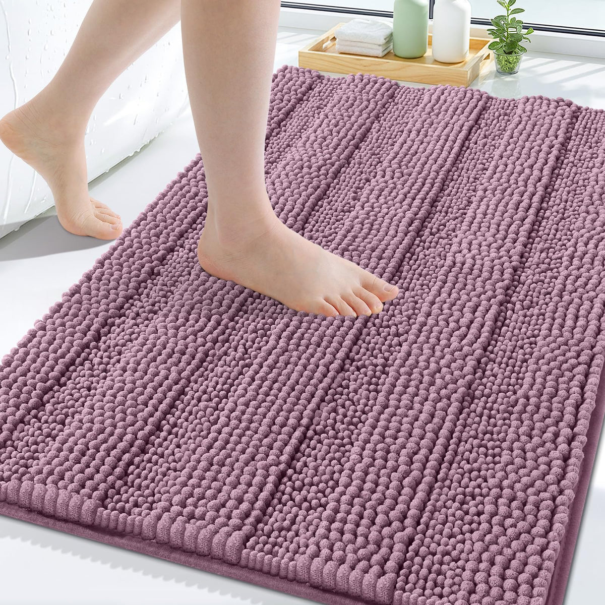 Grandaily Chenille Striped Bathroom Rugs 36x24, Extra Thick and Absorbent Bath Mats, Non-Slip Soft Plush Shaggy Shower Carpet, Machine Wash Dry, Bath Rug for Bathroom, (Large, Light Grey)