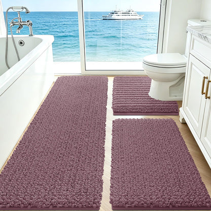 ACCUMTEK Upgrade Extra Large Black Bathroom Rug Set 3 Pieces Ultra Soft, Thick Absorbent Bath Mats, Non Slip Chenille Toilet Mat for Bathroom, Bedroom, Kitchen