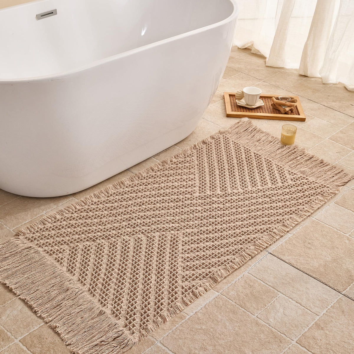 Waffle Bath Mat Non Slip, Boho Bathroom Rug, White/Taupe, 16"x24"