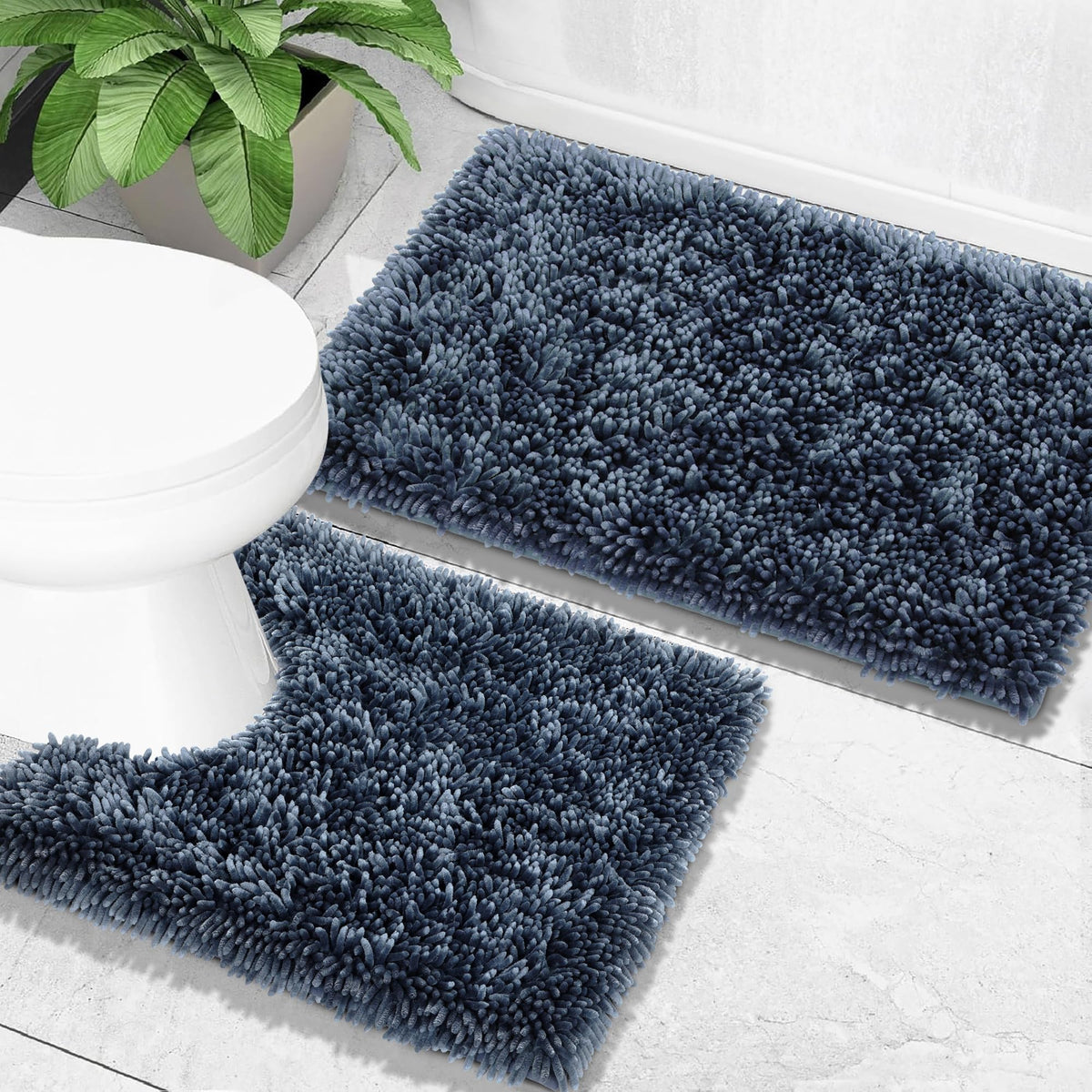 Yimobra Bathroom Rug Set 2 Piece, Luxury Shaggy Bath Mat Set with Non Slip Backing, Ultra Soft & Absorbent Mats for Bathroom Floor, Machine Washable, 31.5"x20"+24"x17", Dark Purple