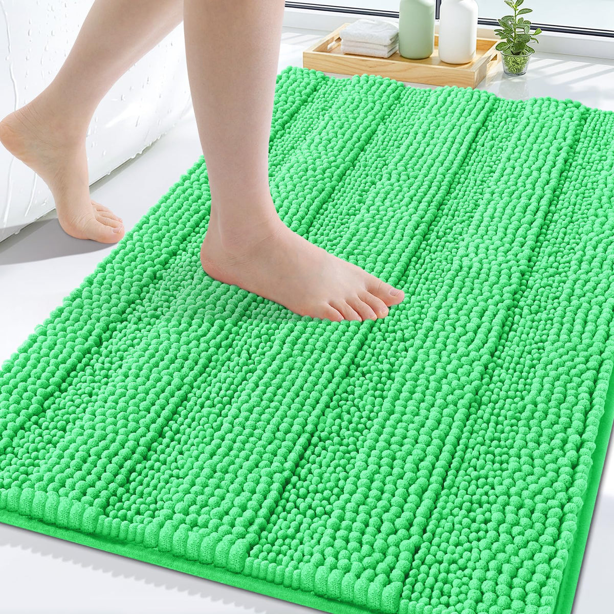 Grandaily Chenille Striped Bathroom Rugs 36x24, Extra Thick and Absorbent Bath Mats, Non-Slip Soft Plush Shaggy Shower Carpet, Machine Wash Dry, Bath Rug for Bathroom, (Large, Light Grey)