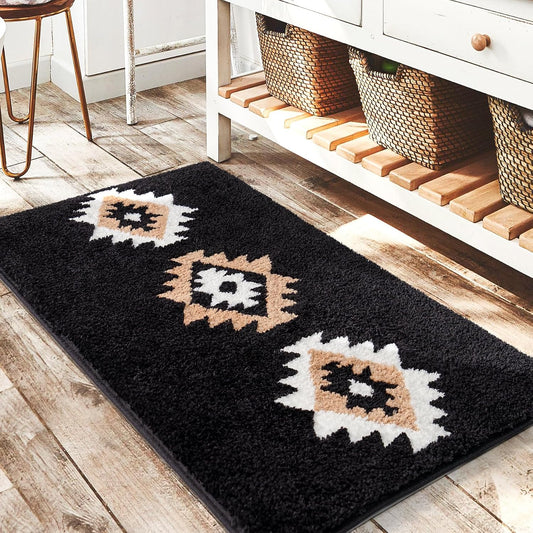 DEXDE Black Bathroom Rugs 20x32 Aztec Boho Long Western Plush Bath Mats