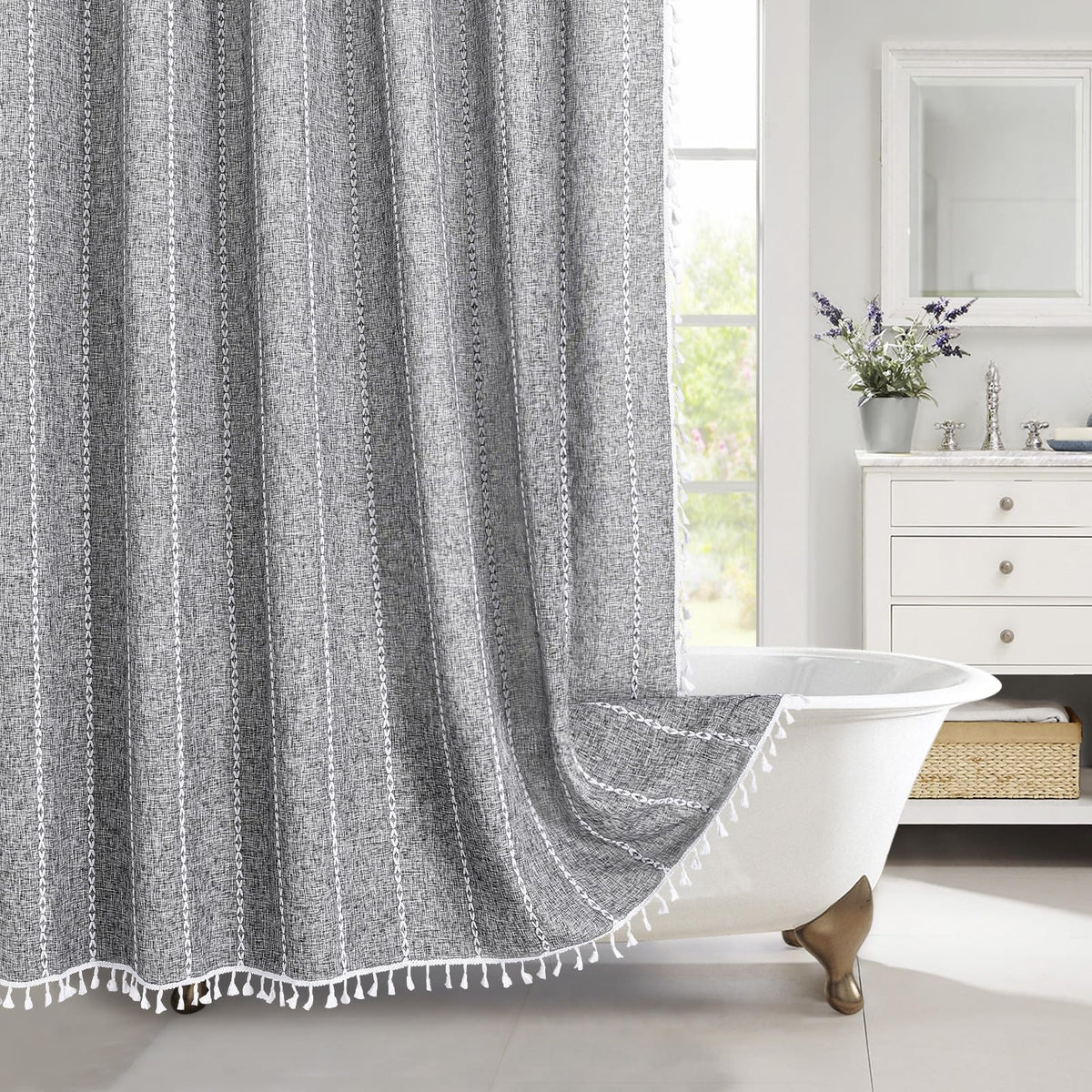 Boho Farmhouse Tassel Linen Shower Curtain,3D Embroidery Stripe Black,72x72