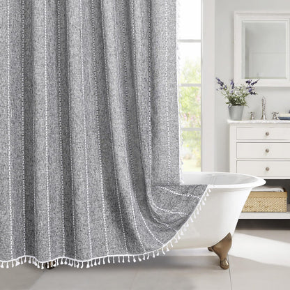 Boho Farmhouse Tassel Linen Shower Curtain,3D Embroidery Stripe Black,72x72