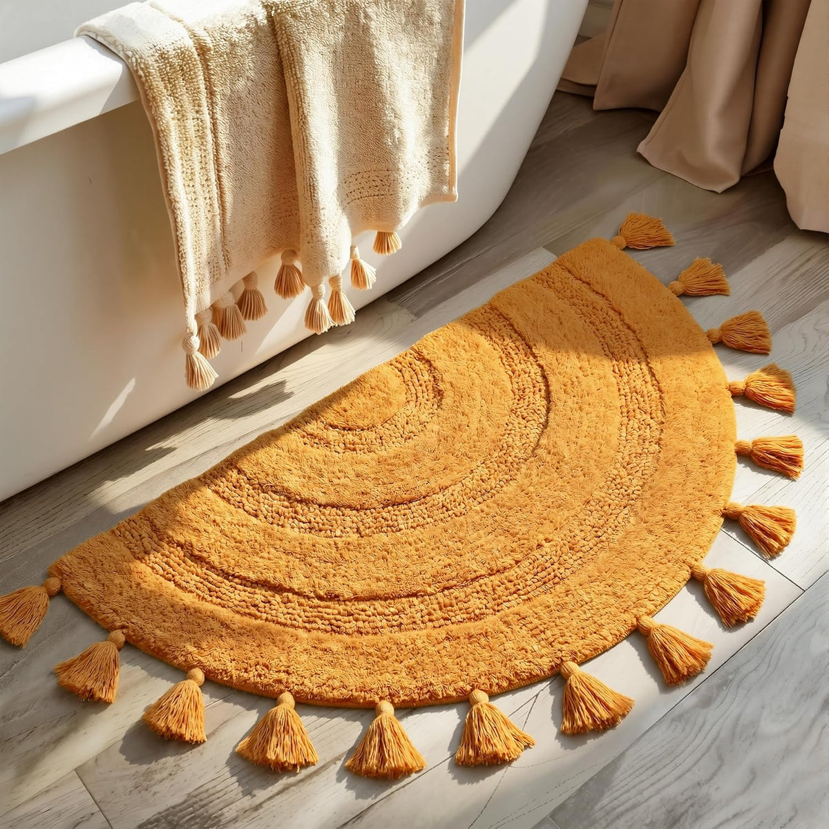 KOEXM Half Circle Boho Bathroom Rugs with Tassels 100% Cotton