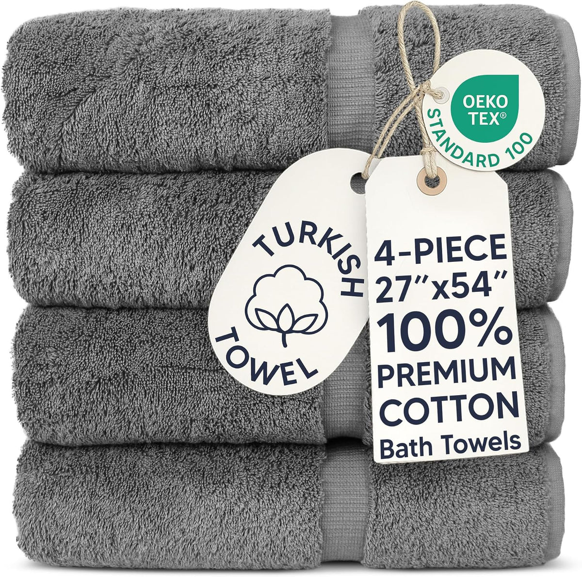 Chakir Turkish Linens 100% Cotton 4-Pack Bath Towels 27x54, Gray