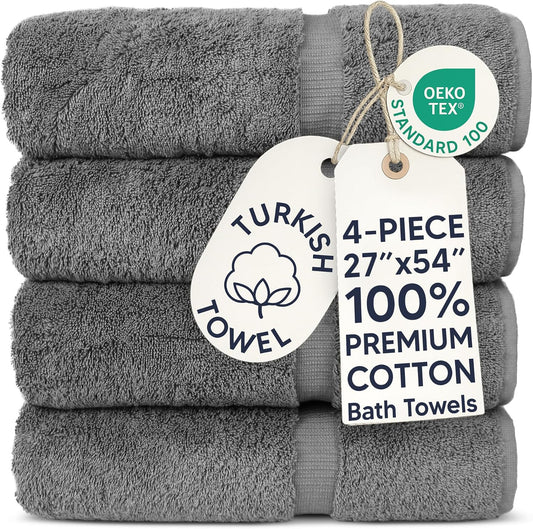 Chakir Turkish Linens 100% Cotton 4-Pack Bath Towels 27x54, Gray