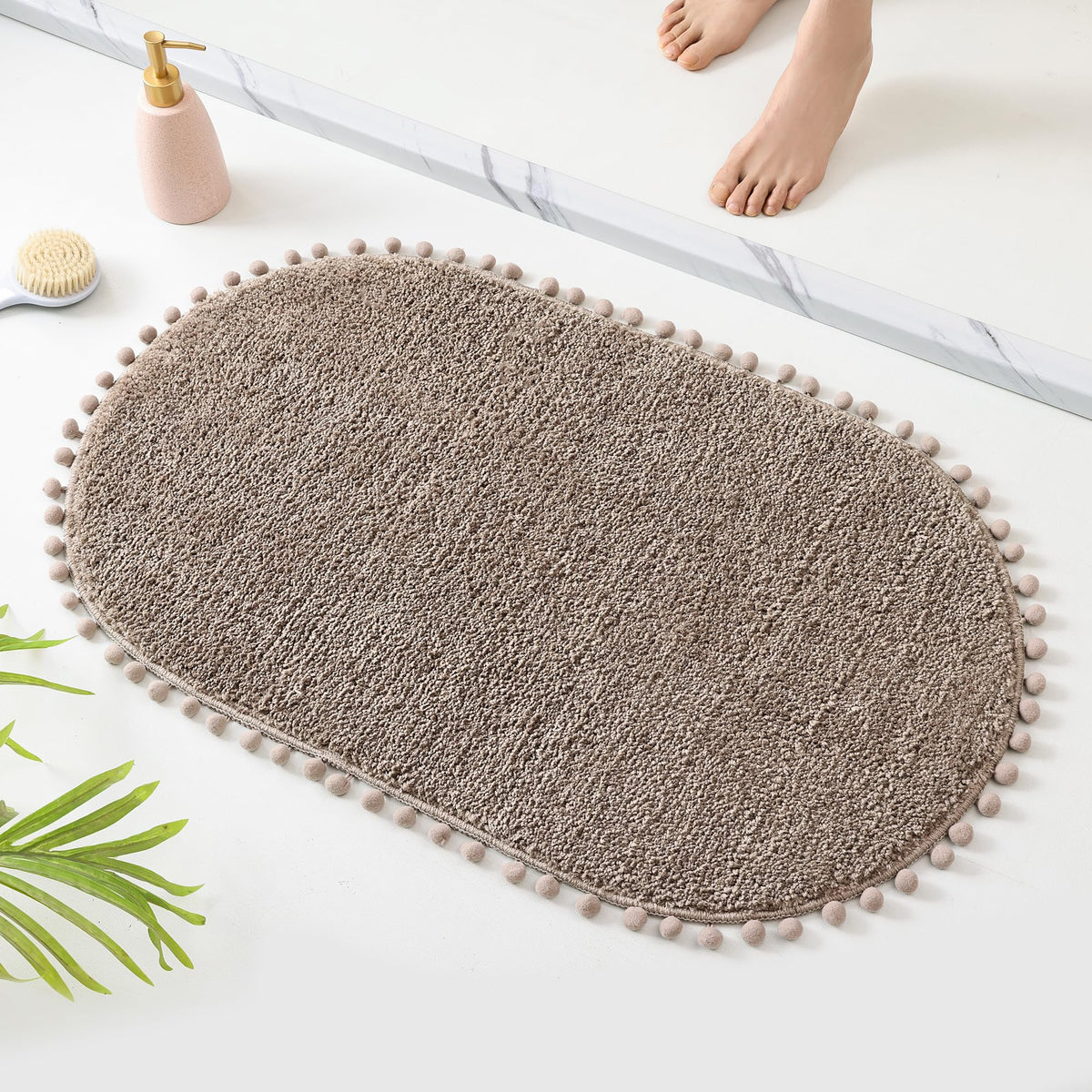YIRDDEO Oval Rug for Bathroom, Cute Boho Bath Mat with Pom, Olive Green
