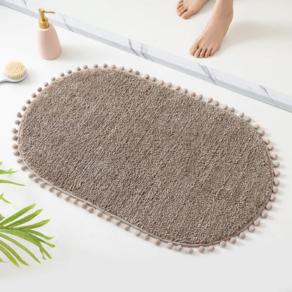 YIRDDEO Oval Rug for Bathroom, Cute Boho Bath Mat with Pom, Olive Green