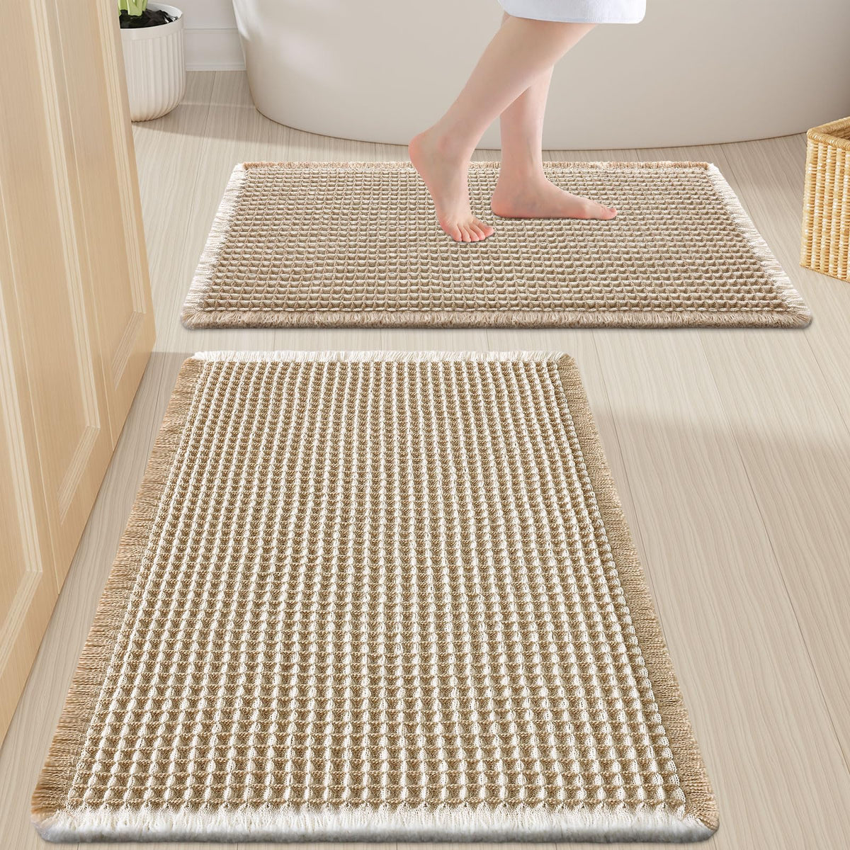 Smiry Waffle Bathroom Rugs Sets 2 Piece (30x20+24x16, Brown)