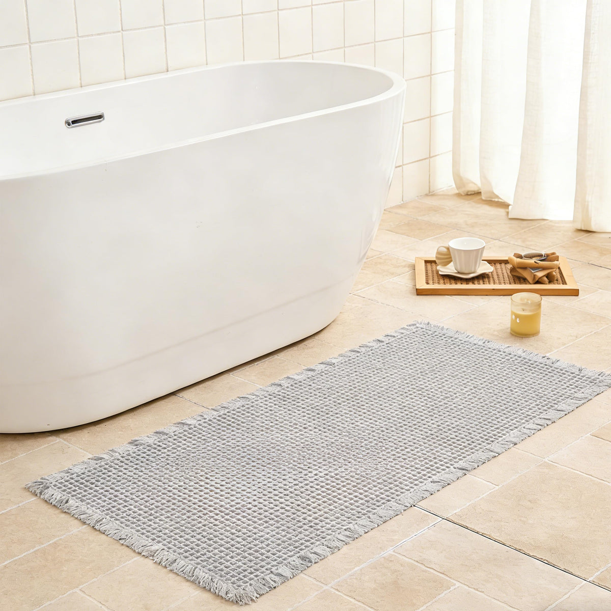Waffle Bath Mat Non Slip, Boho Bathroom Rug, White/Taupe, 16"x24"