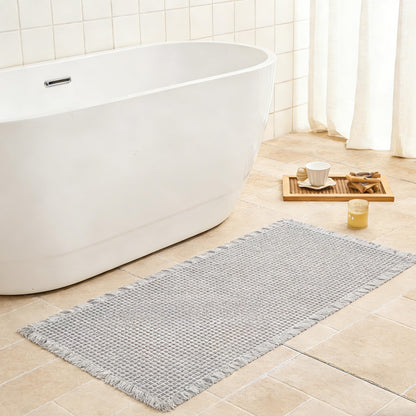 Waffle Bath Mat Non Slip, Boho Bathroom Rug, White/Taupe, 16"x24"