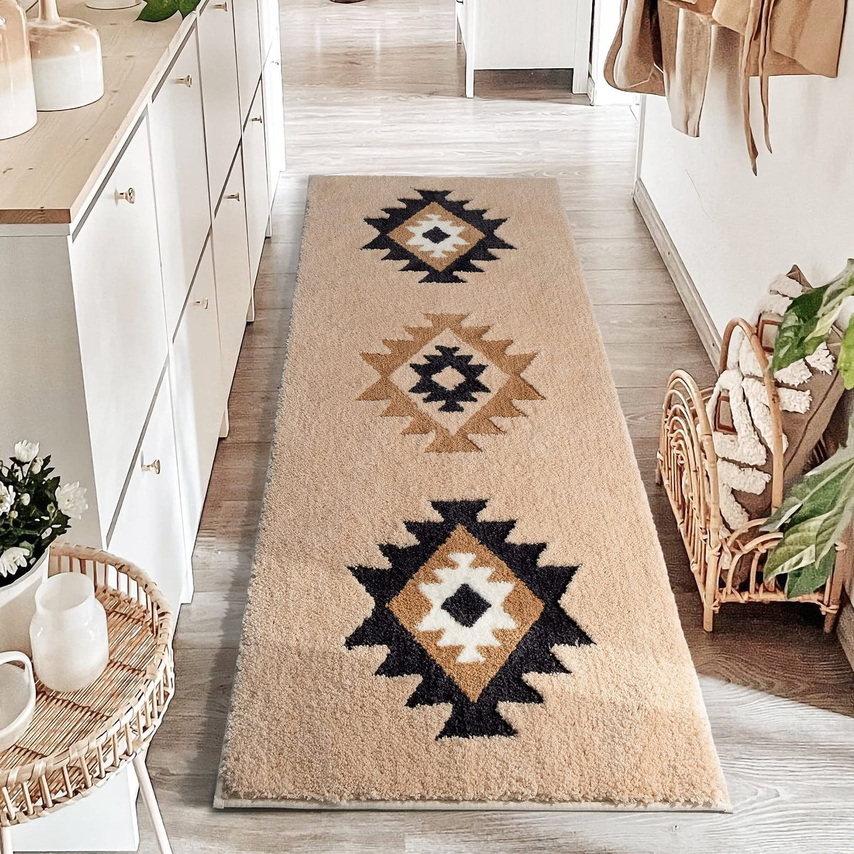 DEXDE Black Bathroom Rugs 20x32 Aztec Boho Long Western Plush Bath Mats