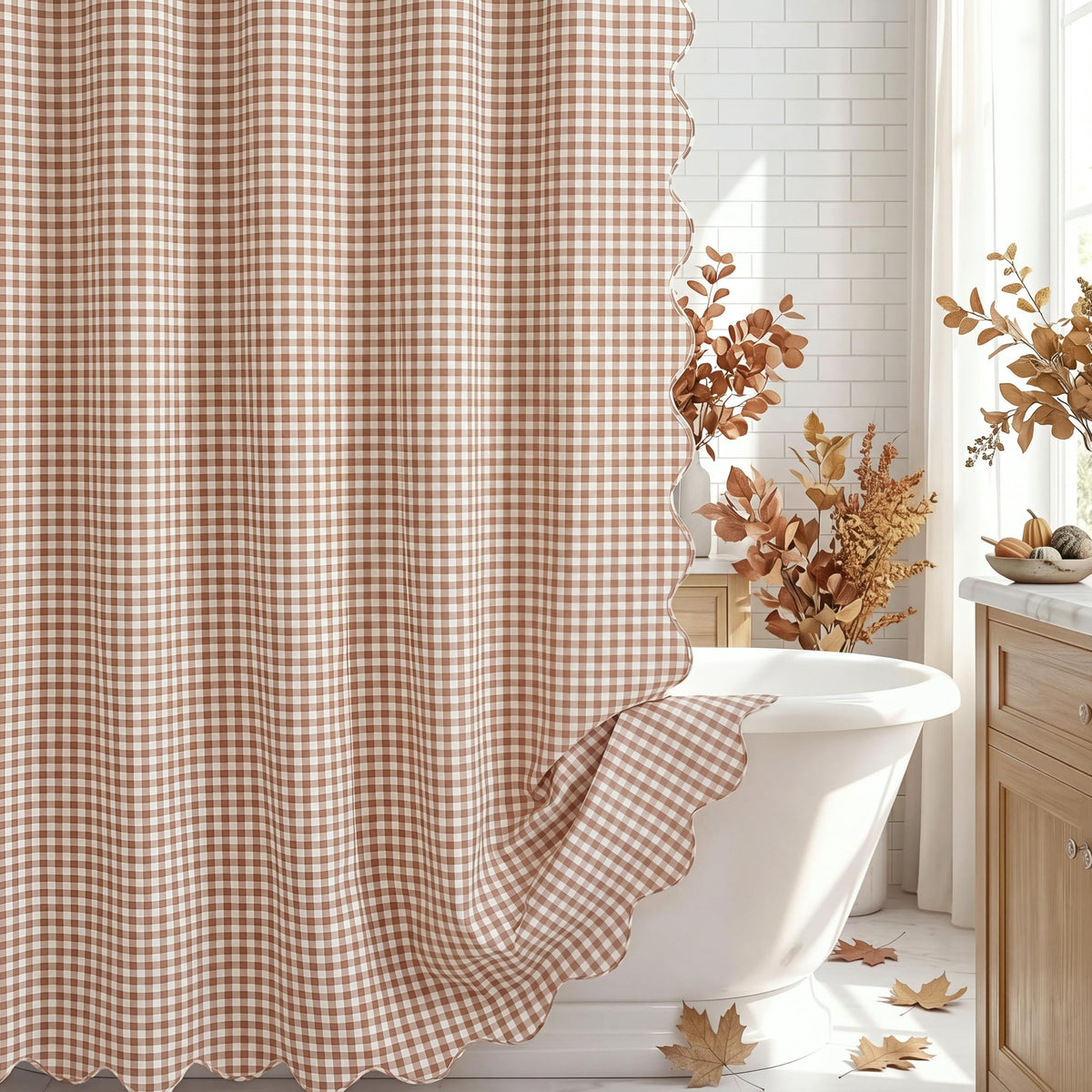 HunnmingRe Ruffle Hem Gingham Shower Curtain Sage Green