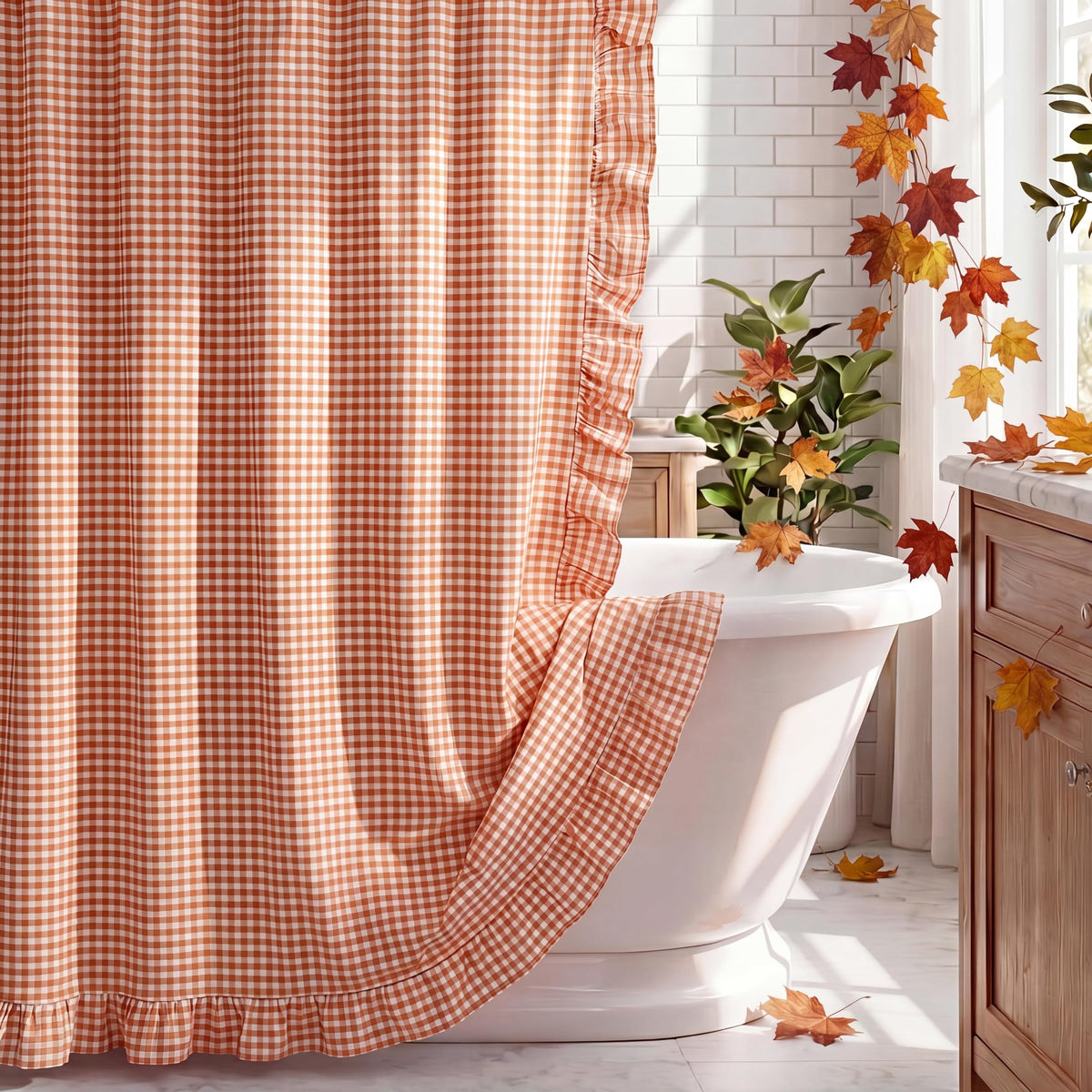 HunnmingRe Ruffle Hem Gingham Shower Curtain Sage Green