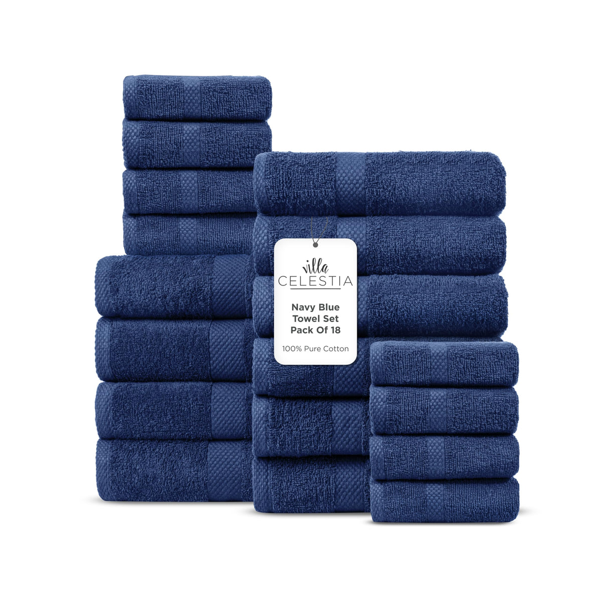 Villa Celestia 100% Cotton Bath Towel Set of 18-4 Bath Towels, 6 Hand Towels, 8 Wash Cloths, Sustainable, Soft, Highly Absorbent, Combed Cotton 18 Piece Set for Hotels, Spa, Bathroom, Dorm, Blue