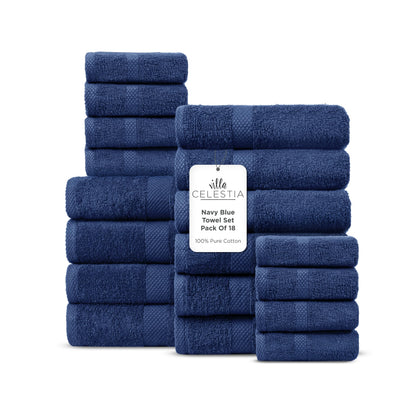 Villa Celestia 100% Cotton Bath Towel Set of 18-4 Bath Towels, 6 Hand Towels, 8 Wash Cloths, Sustainable, Soft, Highly Absorbent, Combed Cotton 18 Piece Set for Hotels, Spa, Bathroom, Dorm, Blue